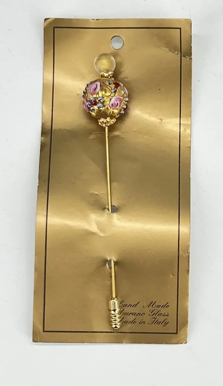 Handmade Murano Glass Hat Pin Gold Foil Floral Venetian Italy Art Glass Vintage